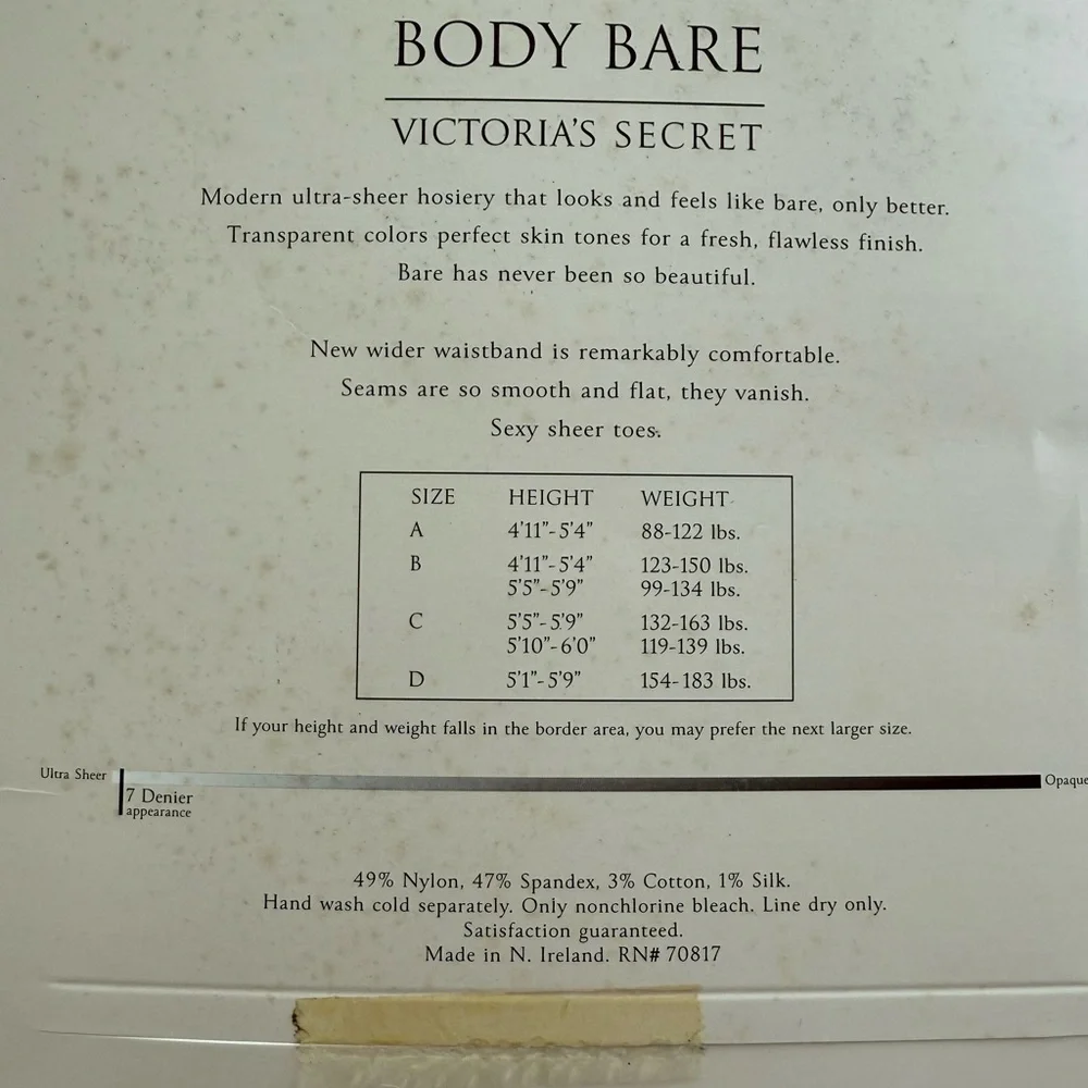 Victoria’s Secret Body Bare Hosiery 7 Denier Nude Size B‎ NWT Vintage